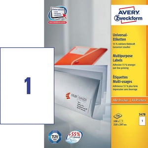 Afbeelding van Avery Zweckform 3478 universele etiketten | wit | zelfklevend | 210 mm x 297 mm | 100 etiketten