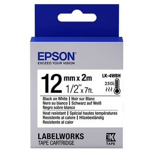 Afbeelding van Epson LK-4WBH hittebestendige tape zwart op wit 12mm (origineel)