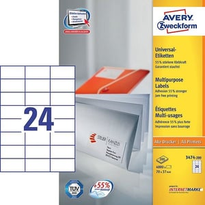 Afbeelding van Avery Zweckform 3474-200 universele etiketten | wit | zelfklevend | 70 mm x 36 mm | 4800 etiketten