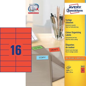 Afbeelding van Avery Zweckform 3452 universele etiketten | rood | 105 mm x 37 mm | 1600 etiketten