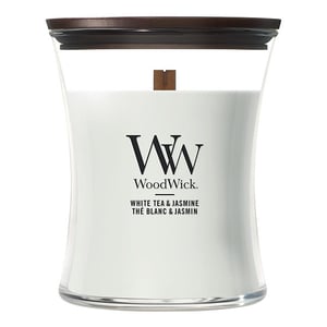Afbeelding van Woodwick Medium Hourglass geurkaars | White Tea & Jasmine | 275 gram