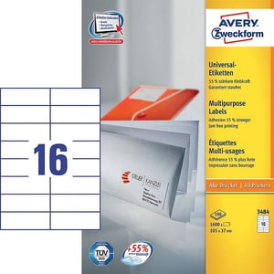 Afbeelding van Avery Zweckform 3484 universele etiketten | wit | zelfklevend | 105 mm x 37 mm | 1600 etiketten