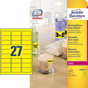 Afbeelding van Avery Zweckform L6004-25 etiketten | neon geel | 63,5 mm x 29,6 mm | 675 etiketten