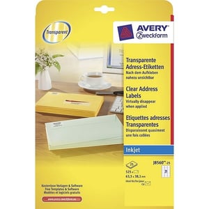 Afbeelding van Avery Zweckform J8560-25 transparante etiketten | 63,5 mm x 38,1 mm | 525 etiketten