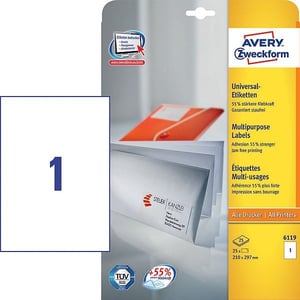 Afbeelding van Avery Zweckform 6119 universele etiketten | wit | zelfklevend | 210 mm x 297 mm | 25 etiketten