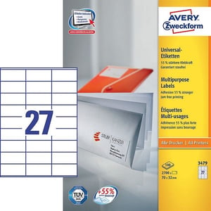 Afbeelding van Avery Zweckform 3479 universele etiketten | wit | zelfklevend | 70 mm x 32 mm | 2700 etiketten
