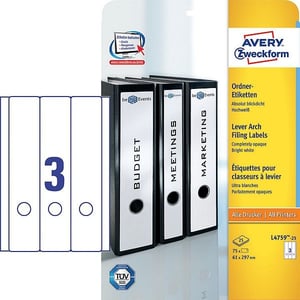 Afbeelding van Avery Zweckform L4759-25 printbare rugetiketten | wit | zelfklevend | breed | 61 mm x 297 mm | 75 etiketten