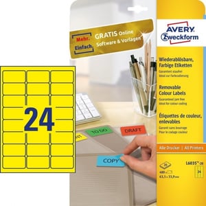 Afbeelding van Avery Zweckform L6035-20 universele etiketten | geel | 63,5 mm x 33,9 mm | 480 etiketten