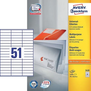 Afbeelding van Avery Zweckform 3420 universele etiketten | wit | zelfklevend | 70 mm x 16,9 mm | 5100 etiketten