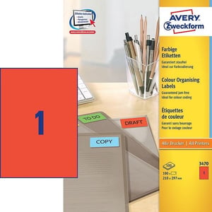 Afbeelding van Avery Zweckform 3470 universele etiketten | rood | 210 mm x 297 mm | 100 etiketten
