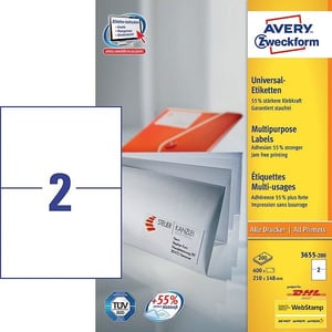 Afbeelding van Avery Zweckform 3655 universele etiketten | wit | zelfklevend | 210 mm x 148 mm | 200 etiketten