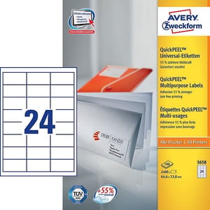 Afbeelding van Avery Zweckform 3658 universele etiketten | wit | zelfklevend | 64,6 mm x 33,8 mm | 2400 etiketten