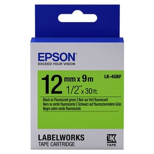 Afbeelding van Epson LK-4GBF tape zwart op fluorescerend groen 12mm (origineel)