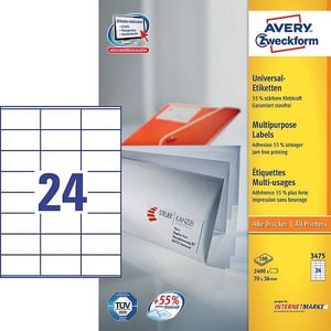 Afbeelding van Avery Zweckform 3475 universele etiketten | wit | zelfklevend | 70 mm x 36 mm | 2400 etiketten