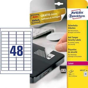 Afbeelding van Avery Zweckform L6113-20 anti-fraude etiketten | 45,7 mm x 21,2 mm | 960 etiketten