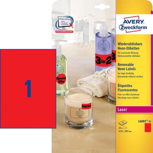 Afbeelding van Avery Zweckform L6005-25 etiketten | neon rood | 210 mm x 297 mm | 25 etiketten