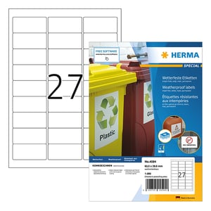 Afbeelding van Herma 4594 inkjet etiketten | weerbestendig | A4 | 63,5 x 29,6 mm | wit | 1080 etiketten