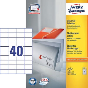 Afbeelding van Avery Zweckform 3651 universele etiketten | wit | zelfklevend | 52,5 mm x 29,7 mm | 4000 etiketten