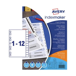 Afbeelding van Avery IndexMaker L7410-12M bedrukbare kartonnen tabbladen | A4 | karton | wit | 12 tabs