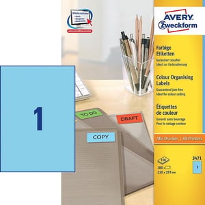 Afbeelding van Avery Zweckform 3471 universele etiketten | blauw | 210 mm x 297 mm | 100 etiketten