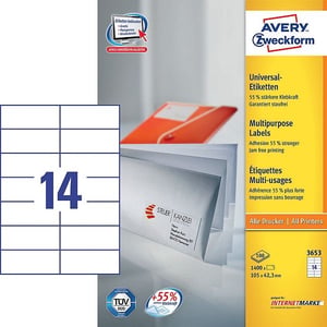 Afbeelding van Avery Zweckform 3653 universele etiketten | wit | zelfklevend | 105 mm x 42,3 mm | 1400 etiketten