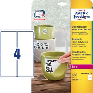Afbeelding van Avery Zweckform L4774REV-20 weerbestendige etiketten | afneembaar | 99,1 mm x 139 mm | 80 etiketten