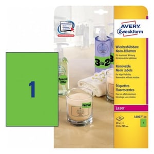 Afbeelding van Avery Zweckform L6007-20 etiketten | neon groen | 210 mm x 297 mm | 25 etiketten