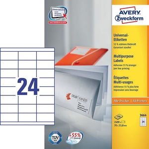 Afbeelding van Avery Zweckform 3664 universele etiketten | wit | zelfklevend | 70 mm x 33,8 mm | 2400 etiketten