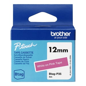 Afbeelding van Brother Btag-P35 niet-gelamineerde tape wit op roze 12 mm (origineel)