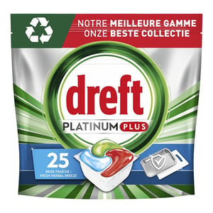 Afbeelding van Dreft Platinum Plus All-in-One Vaatwastabletten | Deep Clean Fresh | Herbal Breeze | 25 tabs