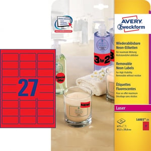 Afbeelding van Avery Zweckform L6003-25 etiketten | neon rood | 63,5 mm x 29,6 mm | 675 etiketten