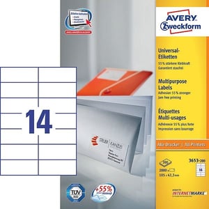 Afbeelding van Avery Zweckform 3653-200 universele etiketten | wit | zelfklevend | 105 mm x 42,3 mm | 2800 etiketten