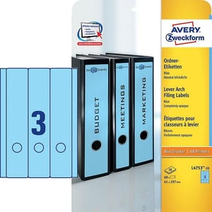 Afbeelding van Avery Zweckform L4753-20 printbare rugetiketten | blauw | zelfklevend | breed | 61 mm x 297 mm | 60 etiketten