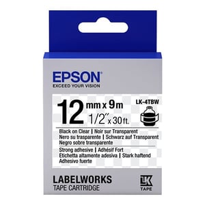 Afbeelding van Epson LK-4TBW extra klevende tape zwart op transparant 12mm (origineel)