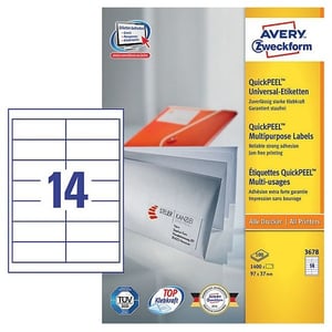 Afbeelding van Avery Zweckform 3678 universele etiketten | wit | zelfklevend | 97 mm x 37 mm | 1400 etiketten