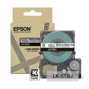 Afbeelding van Epson LK-5TBJ matte tape zwart op transparant 18 mm (origineel)
