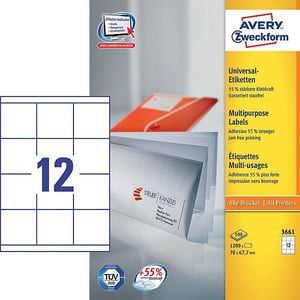 Afbeelding van Avery Zweckform 3661 universele etiketten | wit | zelfklevend | 70 mm x 67,7 mm | 1200 etiketten