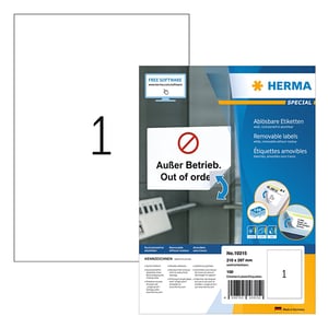 Afbeelding van Herma 10315 verwijderbare etiketten | A4 | 210 x 297 mm | wit | 100 etiketten