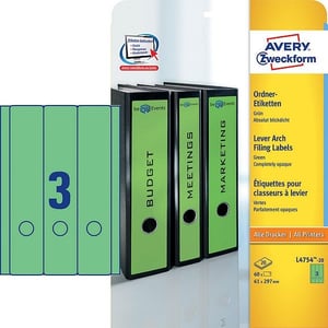 Afbeelding van Avery Zweckform L4754-20 printbare rugetiketten | groen | zelfklevend | breed | 61 mm x 297 mm | 60 etiketten