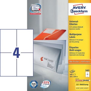 Afbeelding van Avery Zweckform 3483 universele etiketten | wit | zelfklevend | 105 mm x 148 mm | 400 etiketten